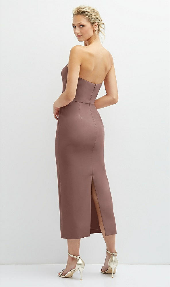 Back View - Sienna Rhinestone Bow Trimmed Peek-a-Boo Deep-V Midi Dress with Pencil Skirt