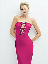 Alt View 1 Thumbnail - Think Pink Rhinestone Bow Trimmed Peek-a-Boo Deep-V Midi Dress with Pencil Skirt