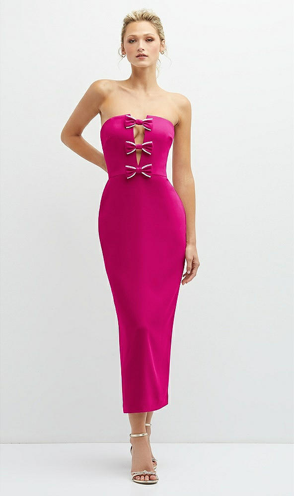 Front View - Think Pink Rhinestone Bow Trimmed Peek-a-Boo Deep-V Midi Dress with Pencil Skirt