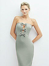 Alt View 1 Thumbnail - Willow Green Rhinestone Bow Trimmed Peek-a-Boo Deep-V Midi Dress with Pencil Skirt