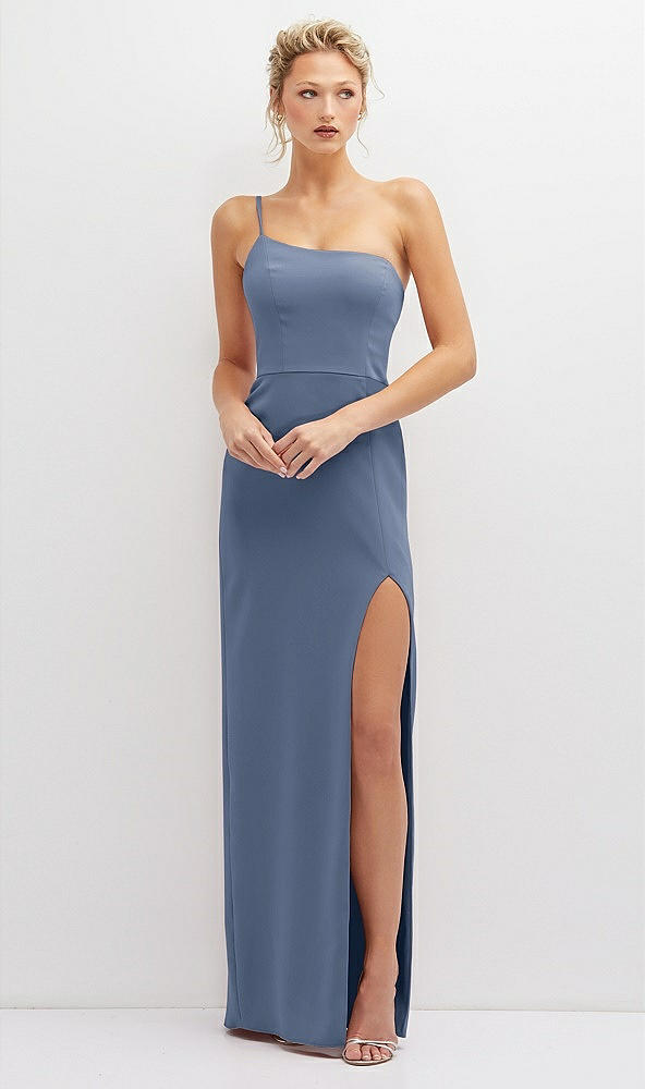 Front View - Larkspur Blue Sleek One-Shoulder Crepe Column Dress with Cut-Away Slit