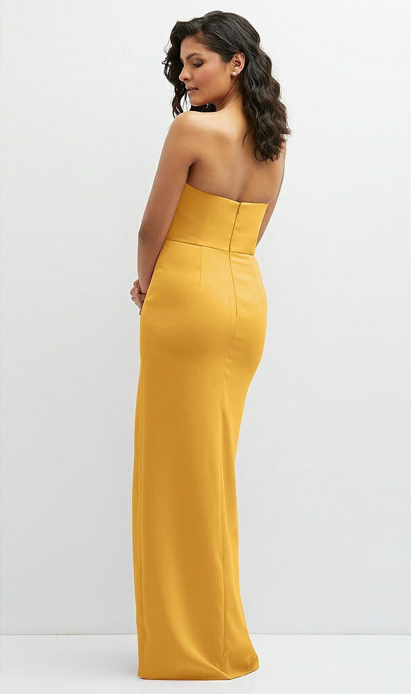 Back View - NYC Yellow Sleek Strapless Crepe Column Dress with Cut-Away Slit