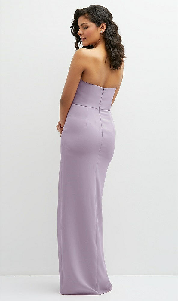 Back View - Lilac Haze Sleek Strapless Crepe Column Dress with Cut-Away Slit