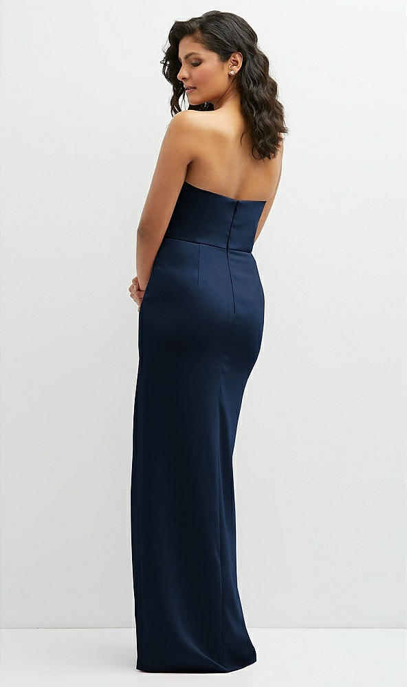 Back View - Midnight Navy Sleek Strapless Crepe Column Dress with Cut-Away Slit