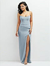 Front View Thumbnail - Mist Sleek Strapless Crepe Column Dress with Cut-Away Slit