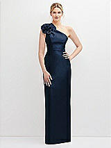 Front View Thumbnail - Midnight Navy Oversized Flower One-Shoulder Satin Column Dress