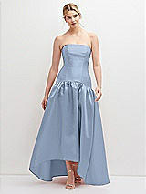 Front View Thumbnail - Cloudy Strapless Fitted Satin High Low Dress with Shirred Ballgown Skirt