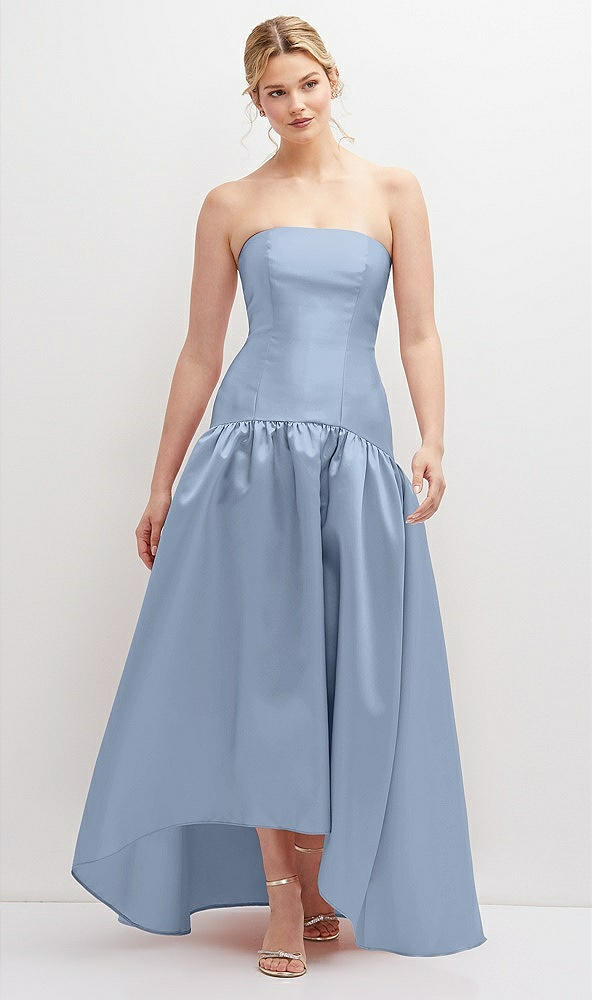 Front View - Cloudy Strapless Fitted Satin High Low Dress with Shirred Ballgown Skirt