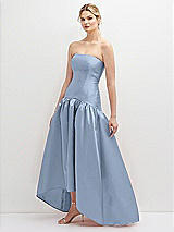 Side View Thumbnail - Cloudy Strapless Fitted Satin High Low Dress with Shirred Ballgown Skirt