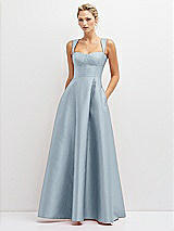 Front View Thumbnail - Mist Lace-Up Back Bustier Satin Dress with Full Skirt and Pockets