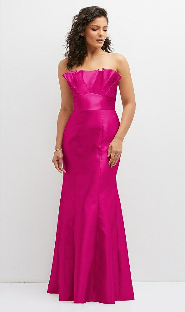 Front View - Think Pink Strapless Satin Fit and Flare Dress with Crumb-Catcher Bodice