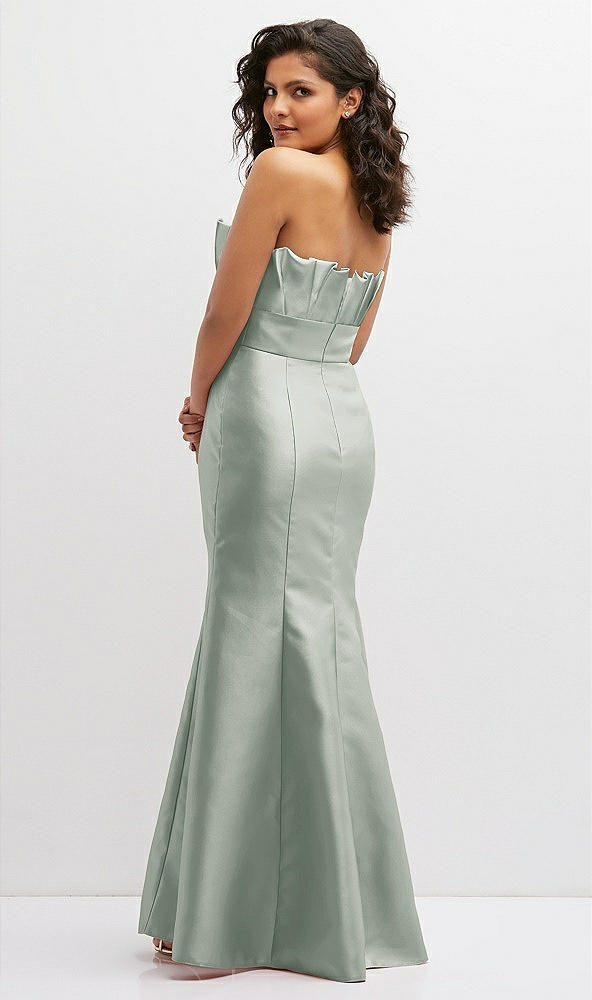 Back View - Willow Green Strapless Satin Fit and Flare Dress with Crumb-Catcher Bodice