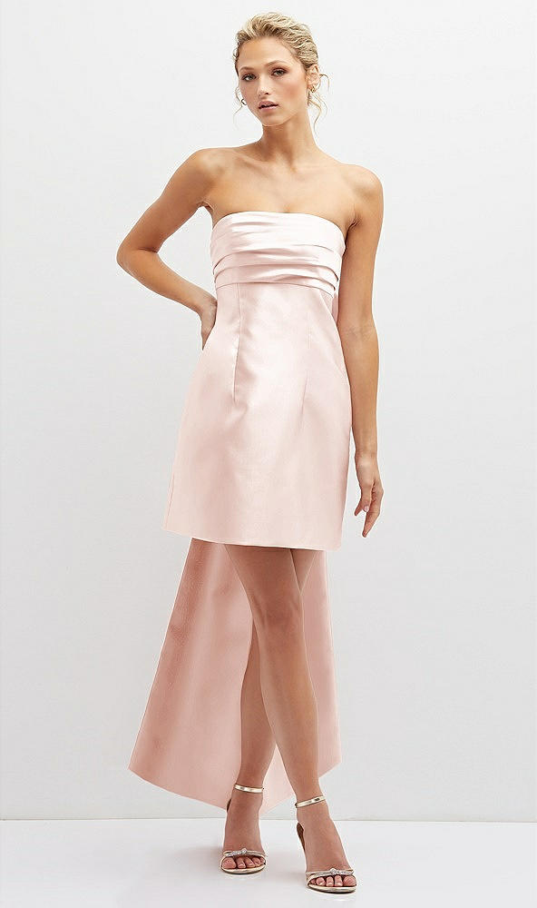 Front View - Blush Strapless Satin Column Mini Dress with Oversized Bow