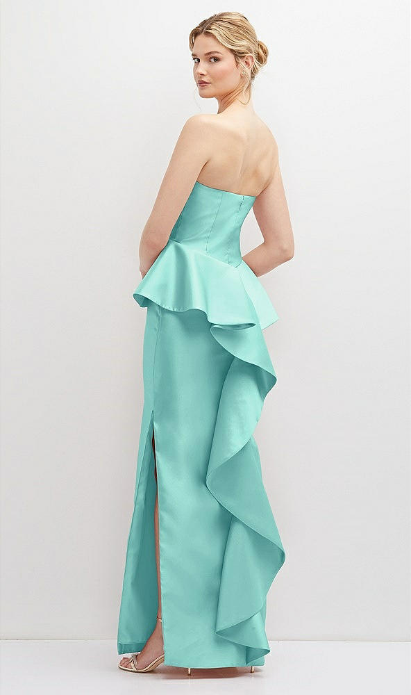 Back View - Coastal Strapless Satin Maxi Dress with Cascade Ruffle Peplum Detail