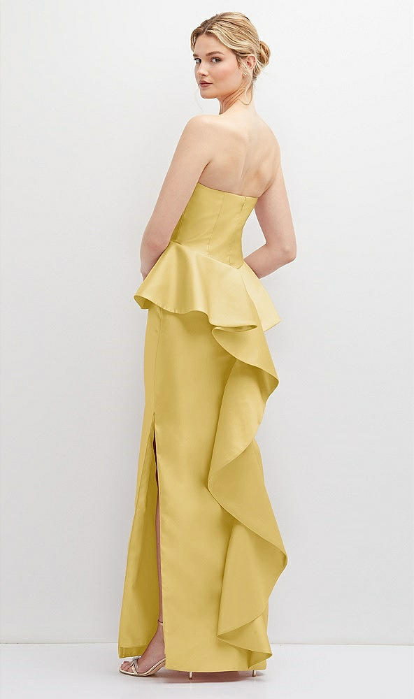 Back View - Maize Strapless Satin Maxi Dress with Cascade Ruffle Peplum Detail