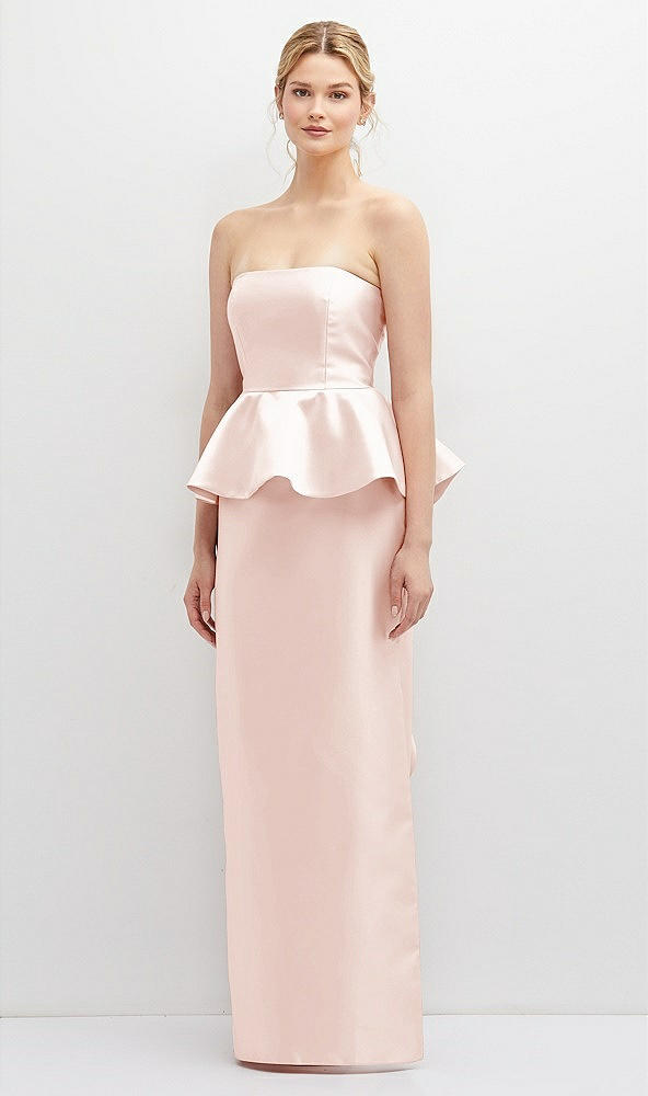 Front View - Blush Strapless Satin Maxi Dress with Cascade Ruffle Peplum Detail