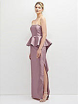 Side View Thumbnail - Dusty Rose Strapless Satin Maxi Dress with Cascade Ruffle Peplum Detail