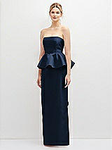 Front View Thumbnail - Midnight Navy Strapless Satin Maxi Dress with Cascade Ruffle Peplum Detail