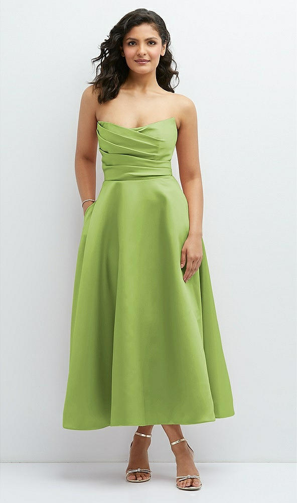 Front View - Mojito Draped Bodice Strapless Satin Midi Dress with Full Circle Skirt