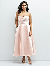 Front View Thumbnail - Blush Draped Bodice Strapless Satin Midi Dress with Full Circle Skirt