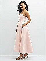 Side View Thumbnail - Blush Draped Bodice Strapless Satin Midi Dress with Full Circle Skirt