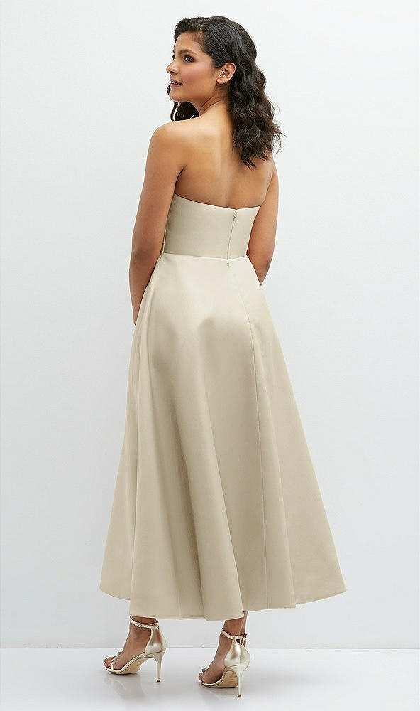 Back View - Champagne Draped Bodice Strapless Satin Midi Dress with Full Circle Skirt