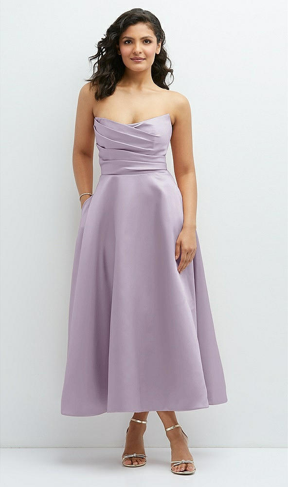 Front View - Lilac Haze Draped Bodice Strapless Satin Midi Dress with Full Circle Skirt