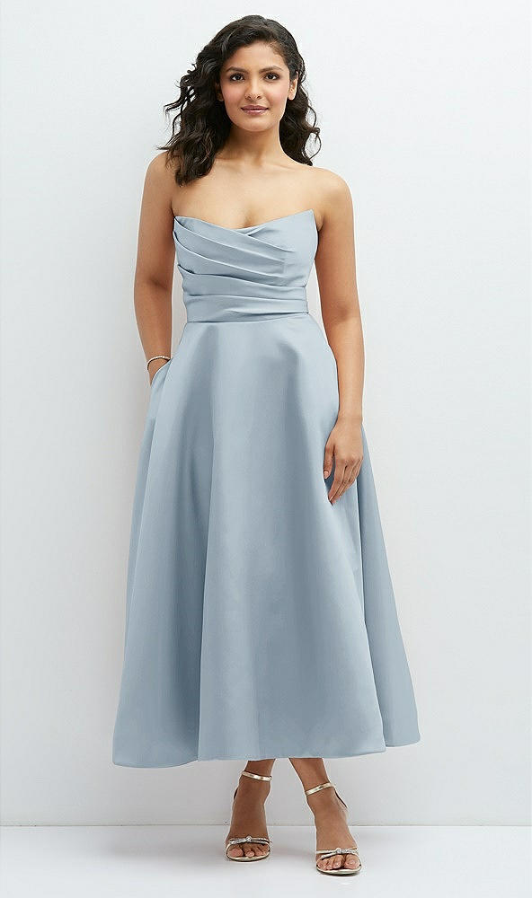 Front View - Mist Draped Bodice Strapless Satin Midi Dress with Full Circle Skirt
