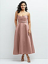 Front View Thumbnail - Neu Nude Draped Bodice Strapless Satin Midi Dress with Full Circle Skirt