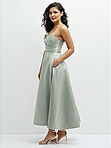 Side View Thumbnail - Willow Green Draped Bodice Strapless Satin Midi Dress with Full Circle Skirt