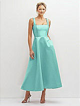 Front View Thumbnail - Coastal Square Neck Satin Midi Dress with Full Skirt & Pockets