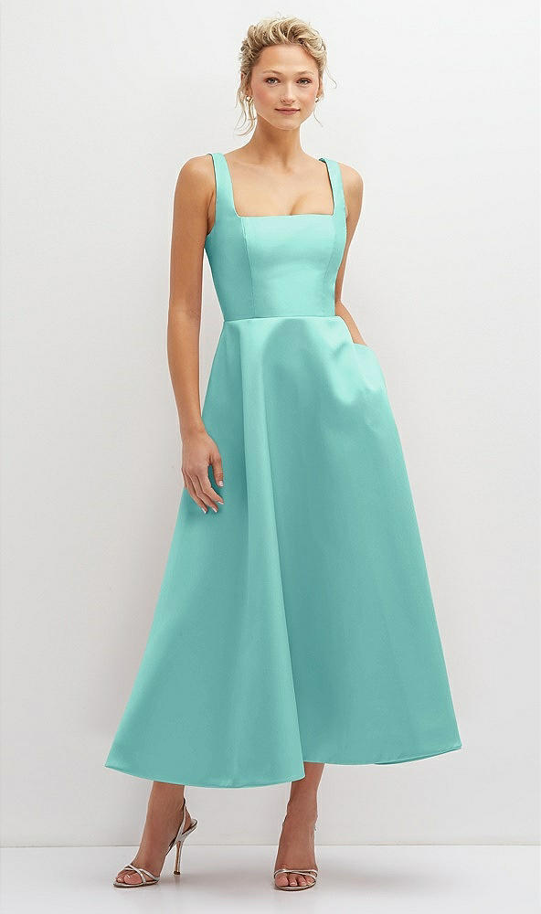 Front View - Coastal Square Neck Satin Midi Dress with Full Skirt & Pockets