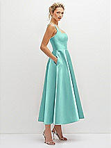 Side View Thumbnail - Coastal Square Neck Satin Midi Dress with Full Skirt & Pockets