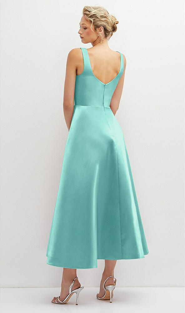 Back View - Coastal Square Neck Satin Midi Dress with Full Skirt & Pockets