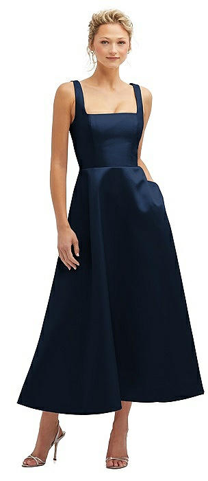 Square Neck Satin Midi Dress with Full Skirt & Pockets