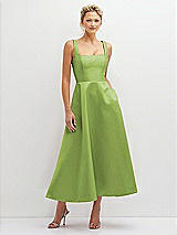 Front View Thumbnail - Mojito Square Neck Satin Midi Dress with Full Skirt & Pockets