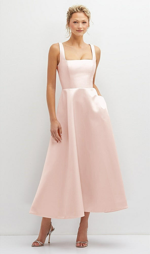 Front View - Blush Square Neck Satin Midi Dress with Full Skirt & Pockets