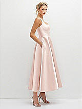 Side View Thumbnail - Blush Square Neck Satin Midi Dress with Full Skirt & Pockets