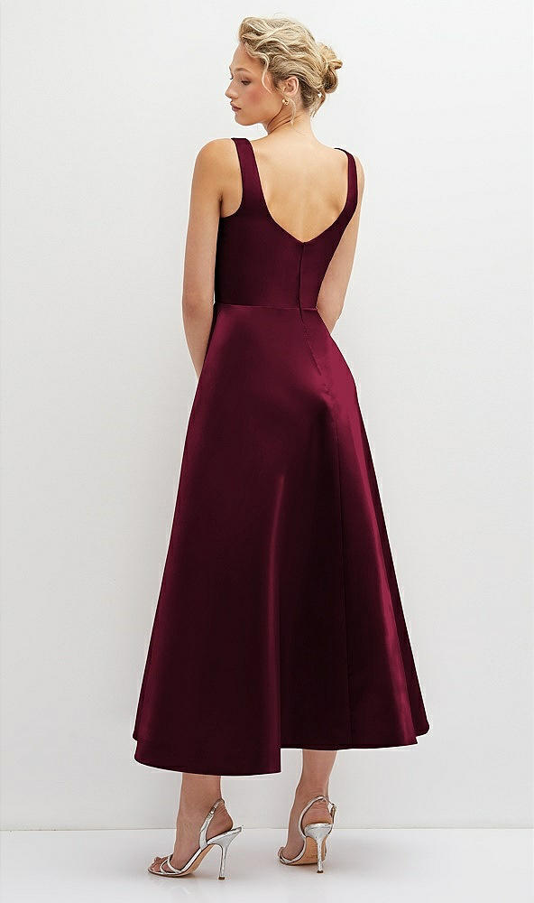 Back View - Cabernet Square Neck Satin Midi Dress with Full Skirt & Pockets