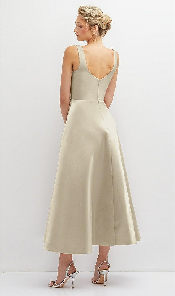 Back View - Champagne Square Neck Satin Midi Dress with Full Skirt & Pockets