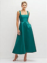 Front View Thumbnail - Jade Square Neck Satin Midi Dress with Full Skirt & Pockets