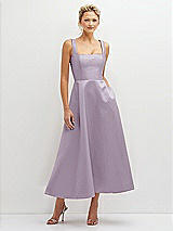 Front View Thumbnail - Lilac Haze Square Neck Satin Midi Dress with Full Skirt & Pockets