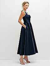 Side View Thumbnail - Midnight Navy Square Neck Satin Midi Dress with Full Skirt & Pockets