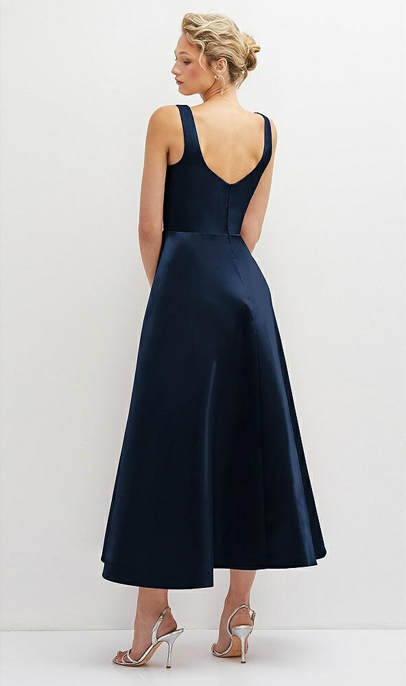 Back View - Midnight Navy Square Neck Satin Midi Dress with Full Skirt & Pockets