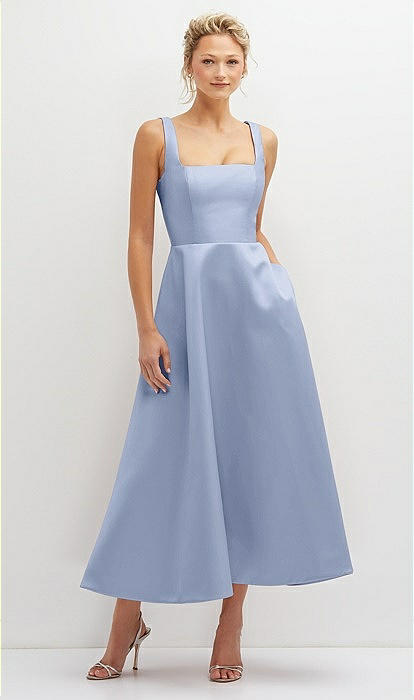 Square Neck Satin Midi Bridesmaid Dress With Full Skirt & Pockets In Sky  Blue | The Dessy Group