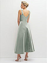 Rear View Thumbnail - Willow Green Square Neck Satin Midi Dress with Full Skirt & Pockets