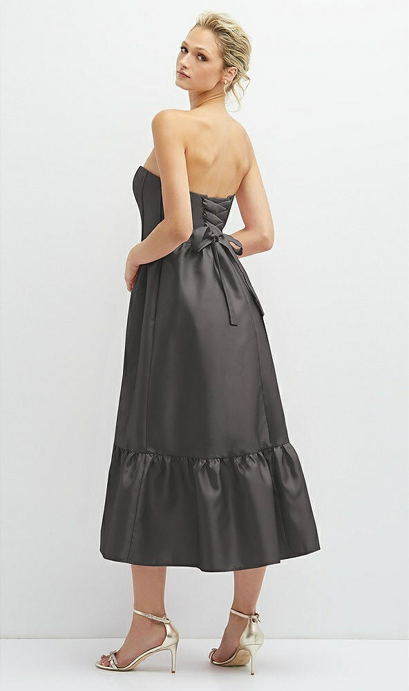 Back View - Caviar Gray Strapless Satin Midi Corset Dress with Lace-Up Back & Ruffle Hem