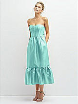 Alt View 1 Thumbnail - Coastal Strapless Satin Midi Corset Dress with Lace-Up Back & Ruffle Hem