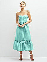 Front View Thumbnail - Coastal Strapless Satin Midi Corset Dress with Lace-Up Back & Ruffle Hem