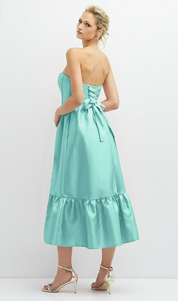 Back View - Coastal Strapless Satin Midi Corset Dress with Lace-Up Back & Ruffle Hem